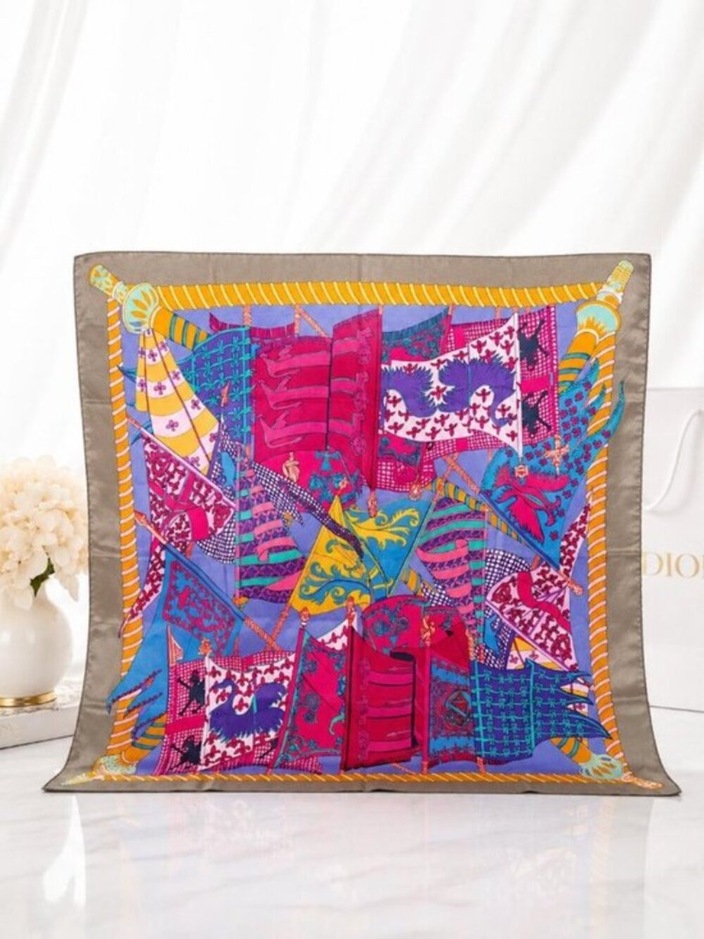 Hermès Paris Les Bannières Silk Scarf 90 Carré Purple Pink Blue Authentic
